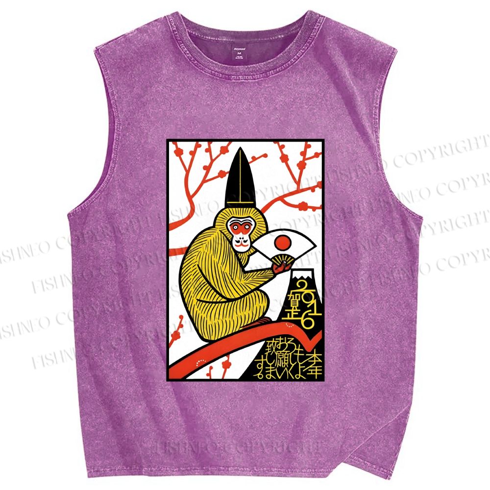 Unisex Japanese Funny Monkey Printed Washed Tank Top