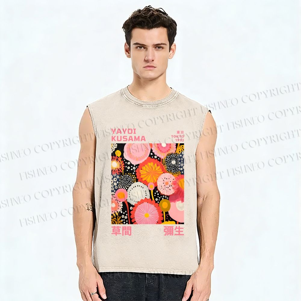 Unisex Yayoi Kusama Flowers Printed Washed Tank Top