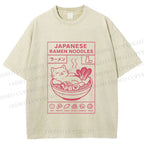 Unisex Japanese Cat in Ramen Printed Washed Tee