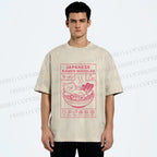 Unisex Japanese Cat in Ramen Printed Washed Tee