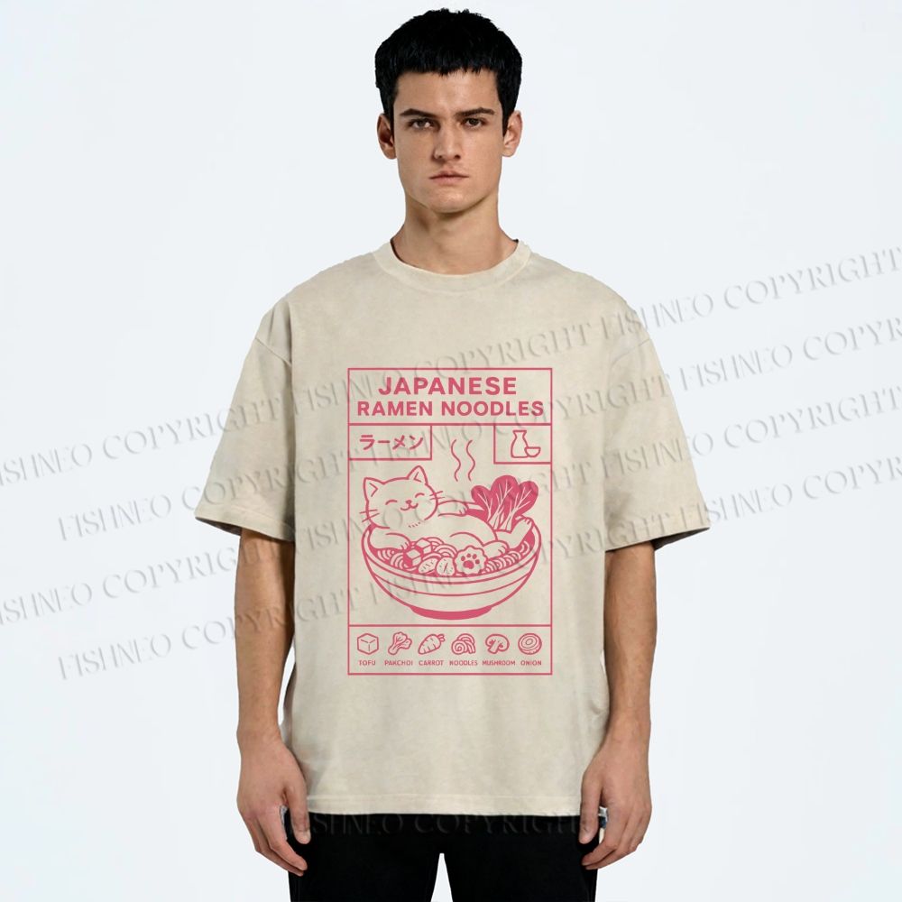 Unisex Japanese Cat in Ramen Printed Washed Tee