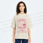 Unisex Japanese Cat in Ramen Printed Washed Tee