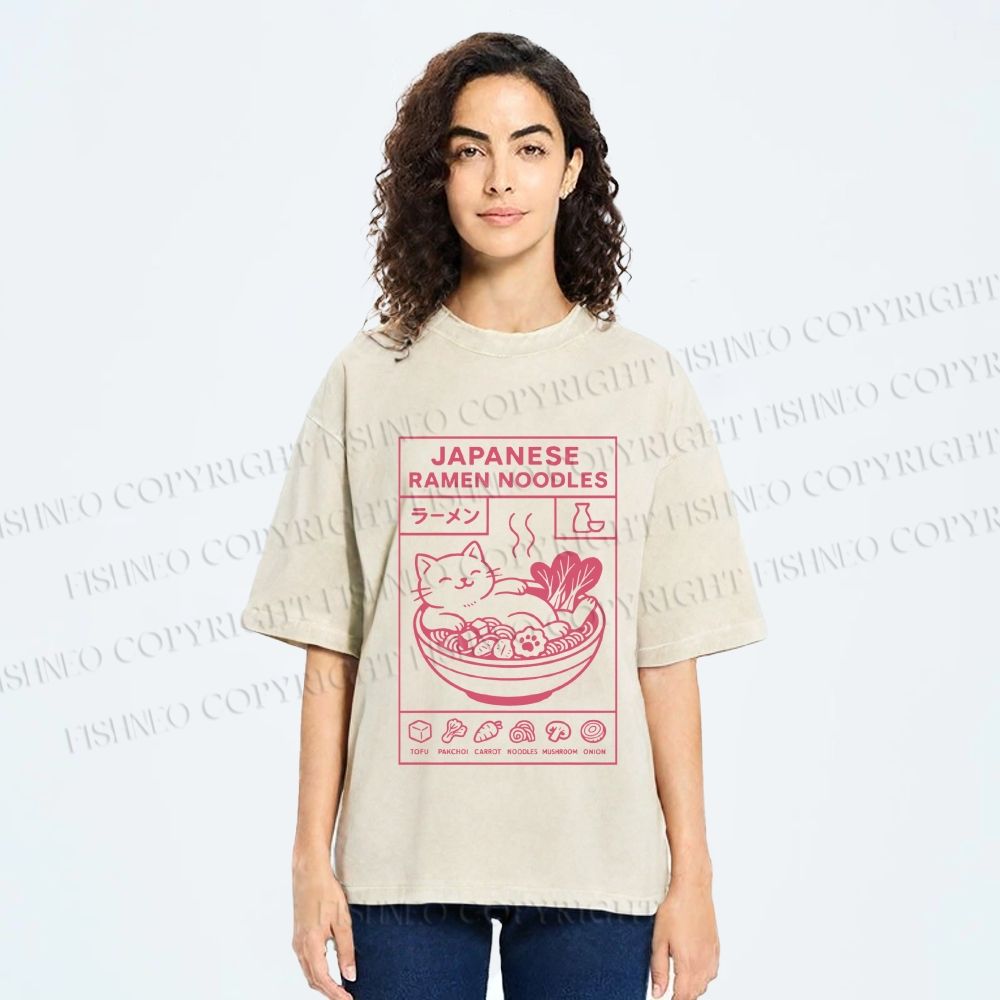 Unisex Japanese Cat in Ramen Printed Washed Tee