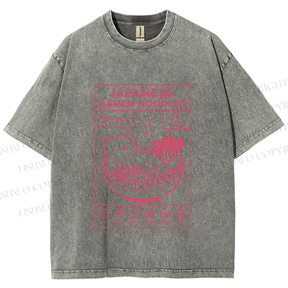 Unisex Japanese Cat in Ramen Printed Washed Tee