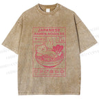 Unisex Japanese Cat in Ramen Printed Washed Tee