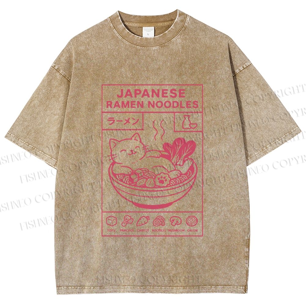 Unisex Japanese Cat in Ramen Printed Washed Tee