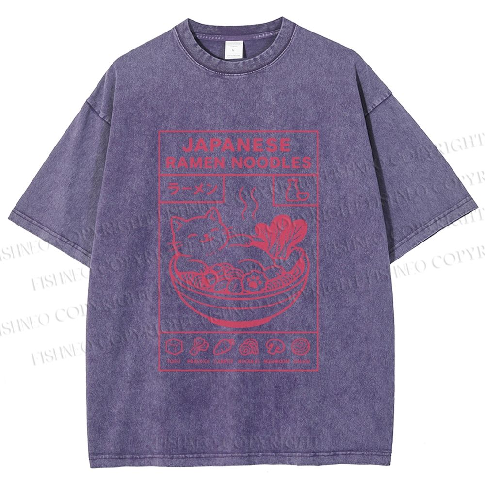 Unisex Japanese Cat in Ramen Printed Washed Tee
