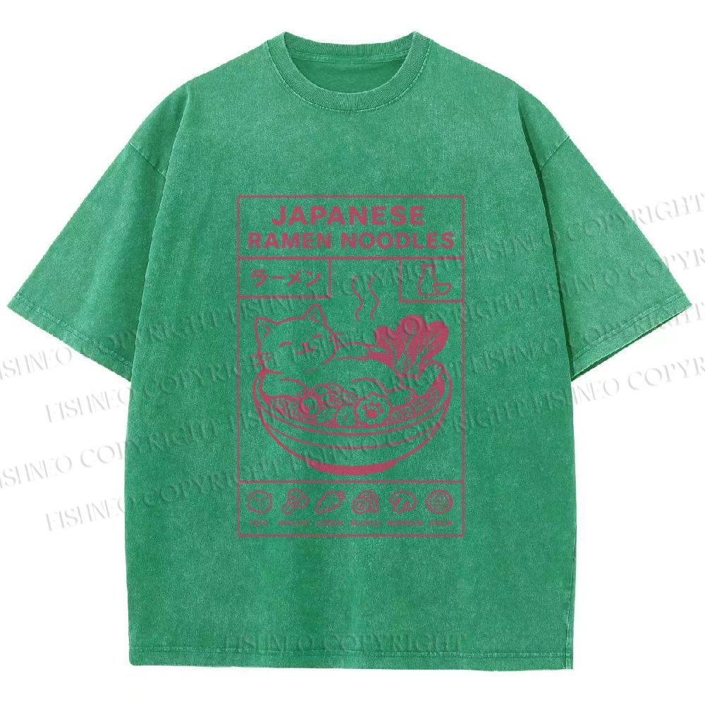 Unisex Japanese Cat in Ramen Printed Washed Tee