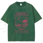 Unisex Japanese Cat in Ramen Printed Washed Tee