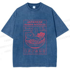 Unisex Japanese Cat in Ramen Printed Washed Tee