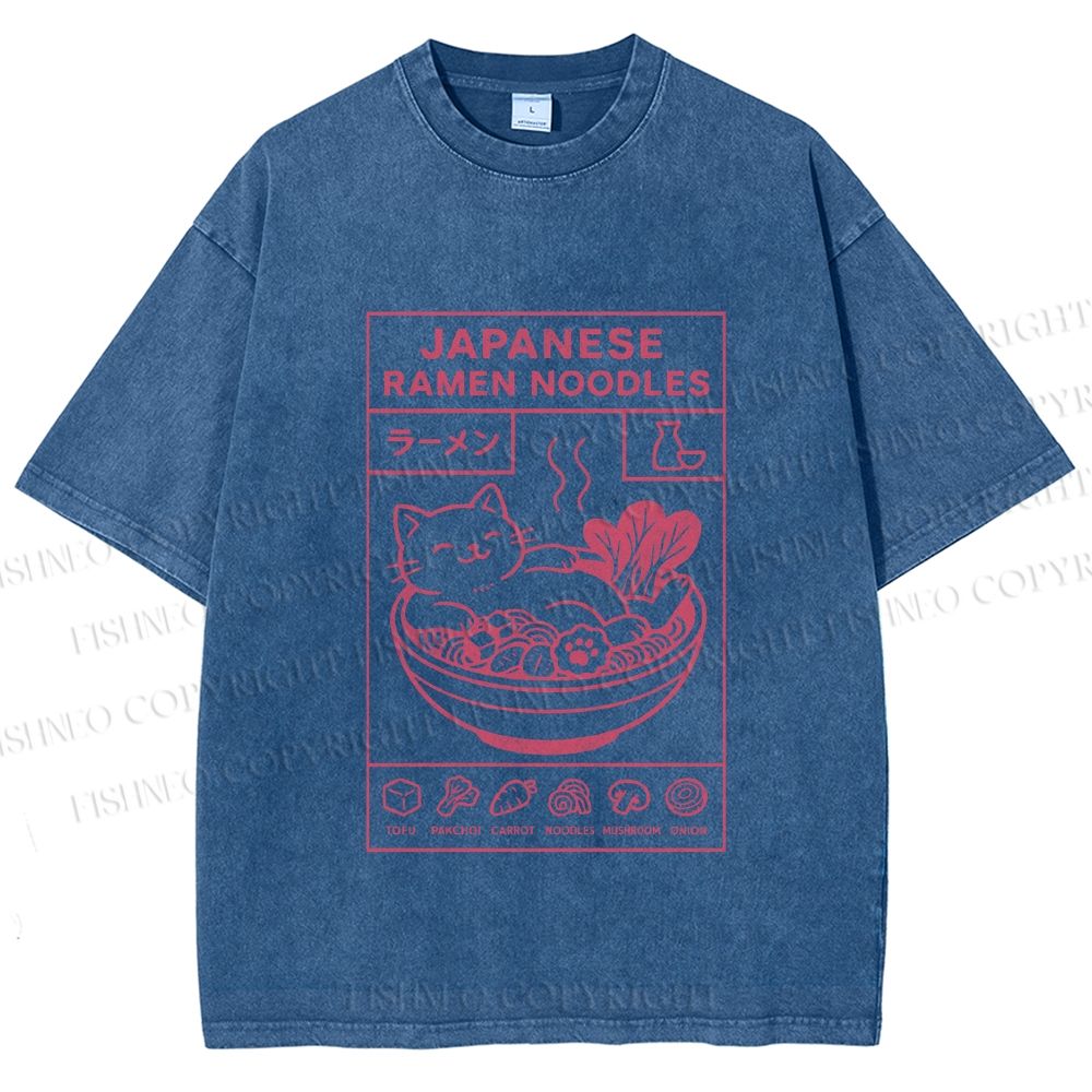 Unisex Japanese Cat in Ramen Printed Washed Tee