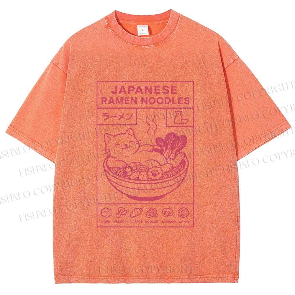 Unisex Japanese Cat in Ramen Printed Washed Tee
