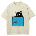Unisex Black Cat Watching Fish in Tank Printed Washed Tee