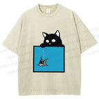 Unisex Black Cat Watching Fish in Tank Printed Washed Tee