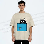Unisex Black Cat Watching Fish in Tank Printed Washed Tee
