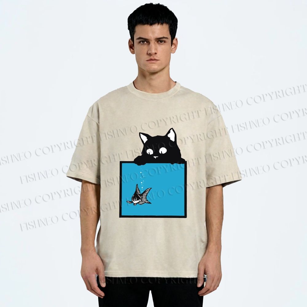 Unisex Black Cat Watching Fish in Tank Printed Washed Tee