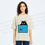 Unisex Black Cat Watching Fish in Tank Printed Washed Tee