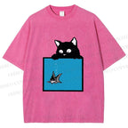 Unisex Black Cat Watching Fish in Tank Printed Washed Tee