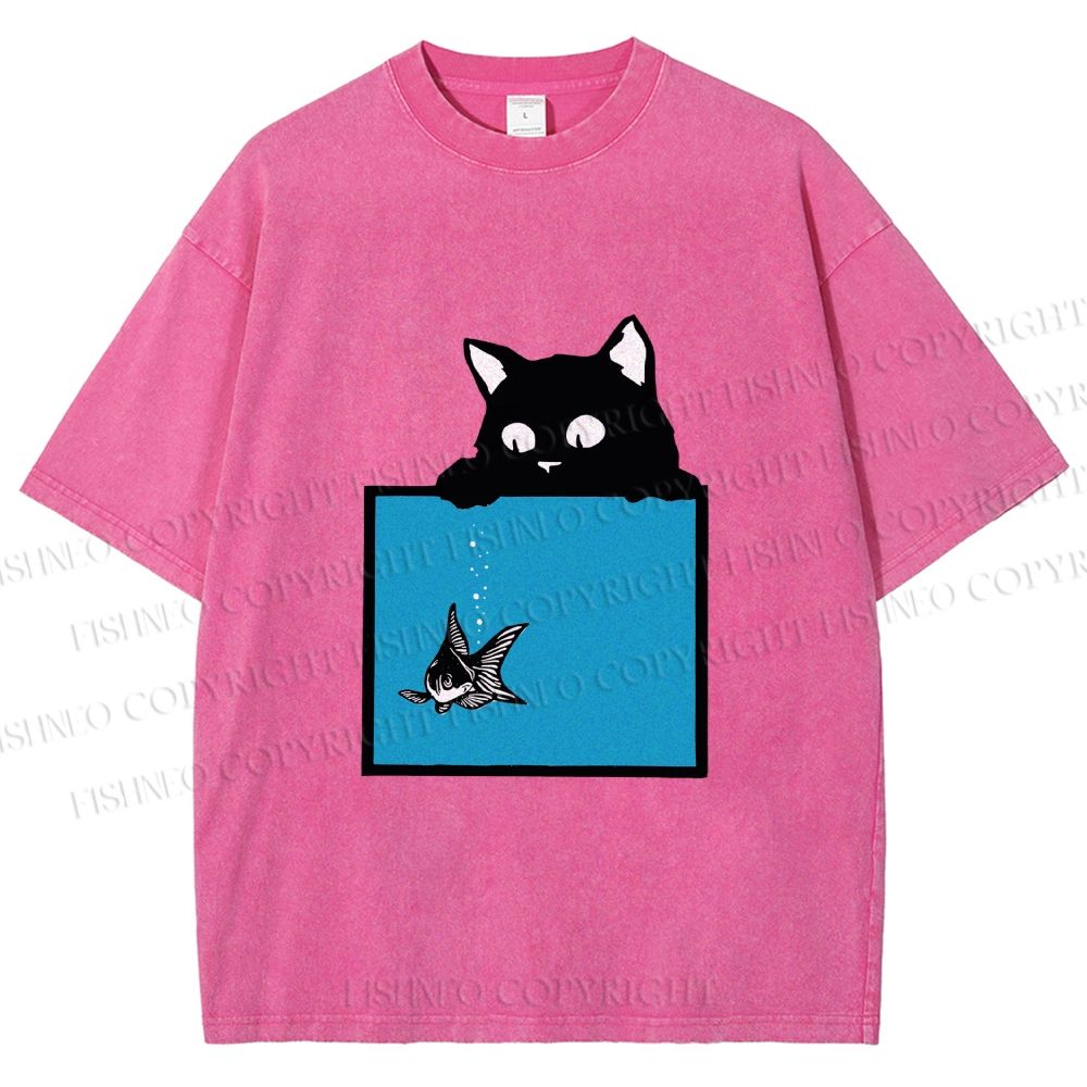 Unisex Black Cat Watching Fish in Tank Printed Washed Tee