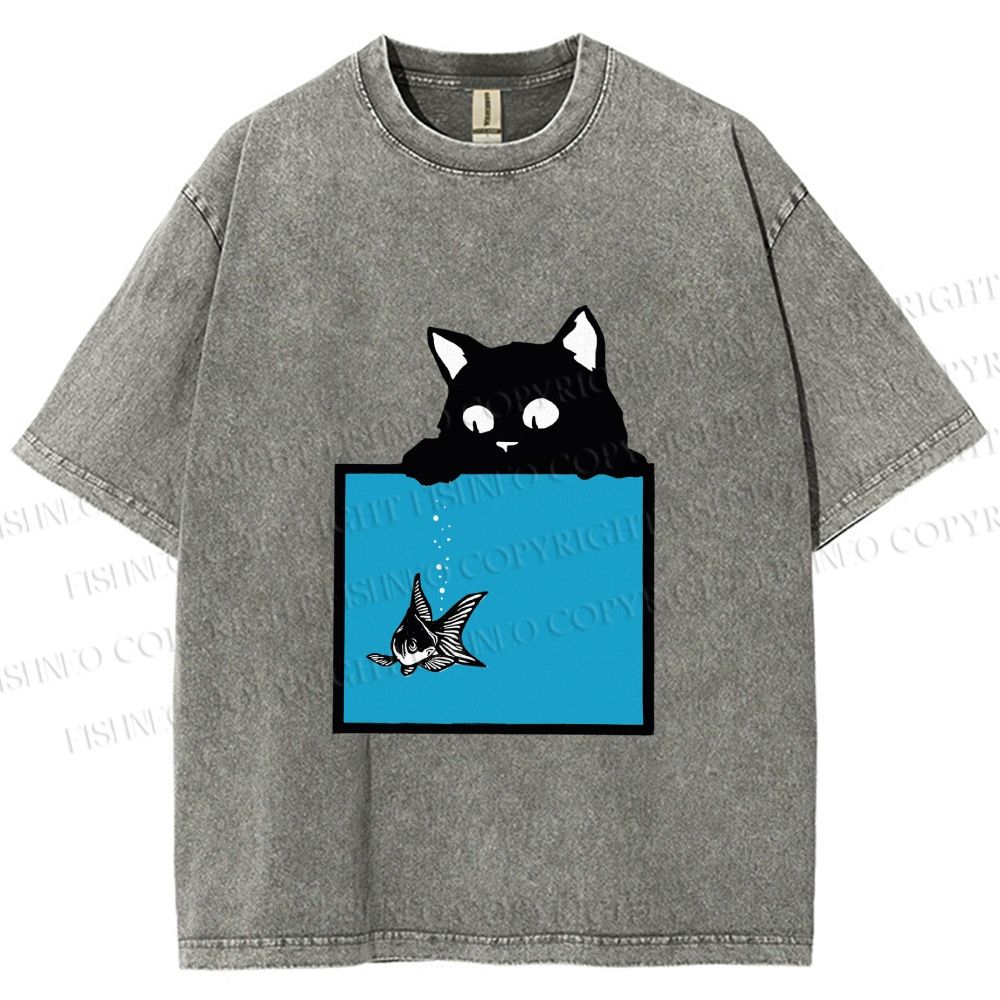 Unisex Black Cat Watching Fish in Tank Printed Washed Tee