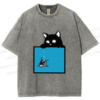 Unisex Black Cat Watching Fish in Tank Printed Washed Tee