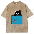 Unisex Black Cat Watching Fish in Tank Printed Washed Tee
