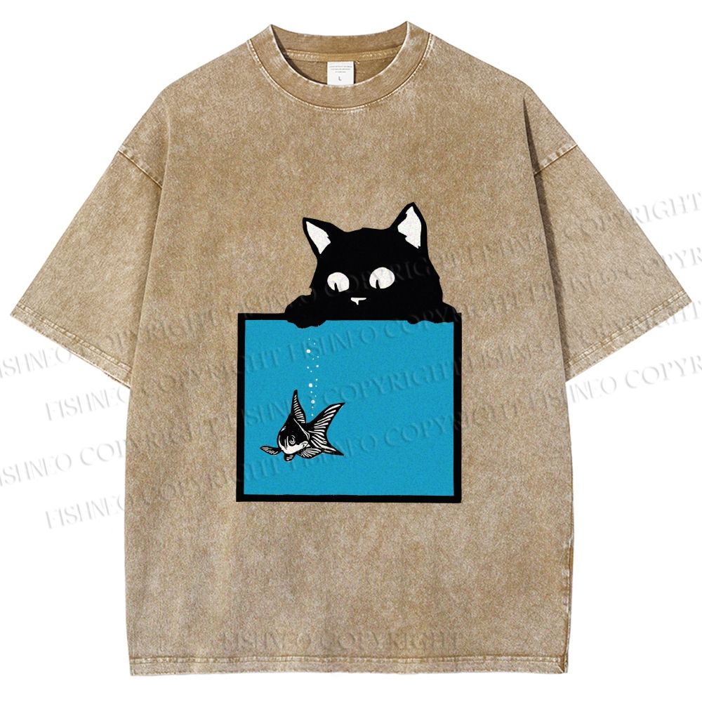 Unisex Black Cat Watching Fish in Tank Printed Washed Tee