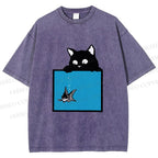 Unisex Black Cat Watching Fish in Tank Printed Washed Tee