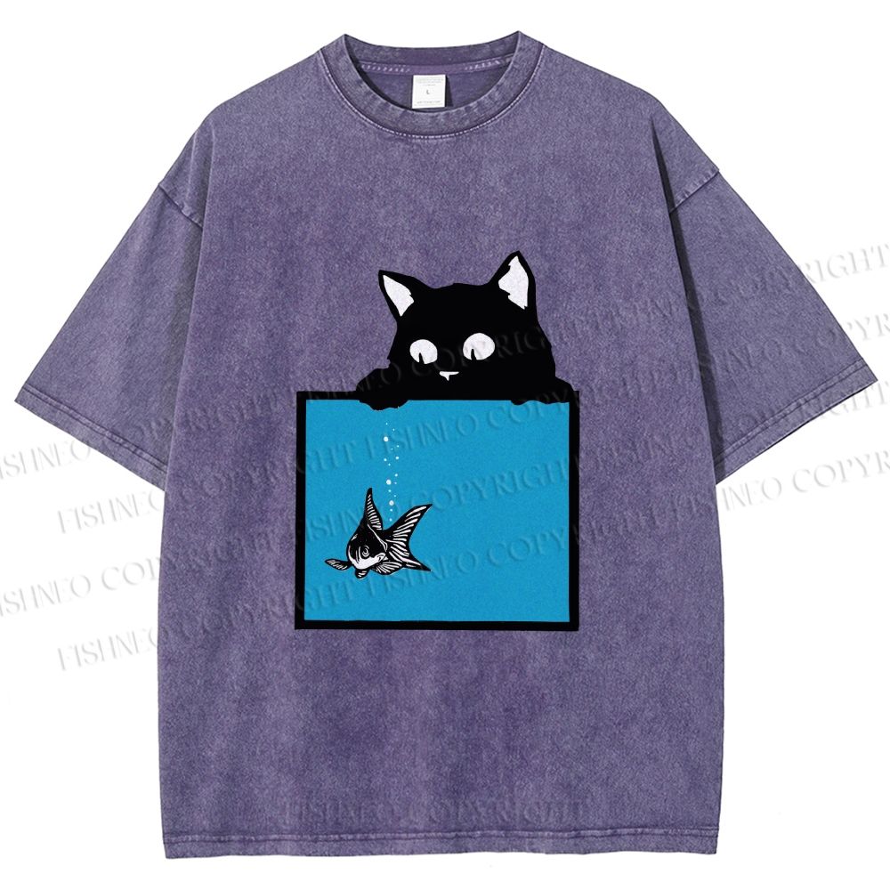 Unisex Black Cat Watching Fish in Tank Printed Washed Tee