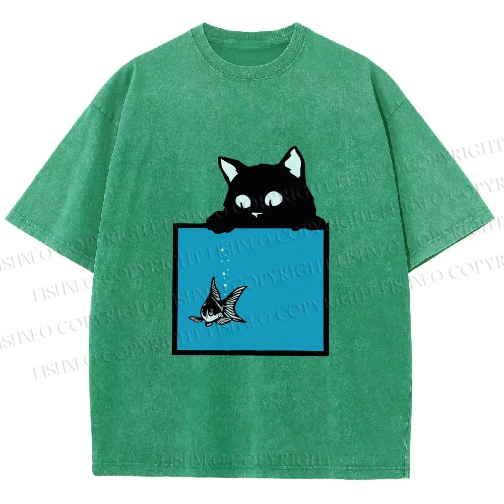 Unisex Black Cat Watching Fish in Tank Printed Washed Tee