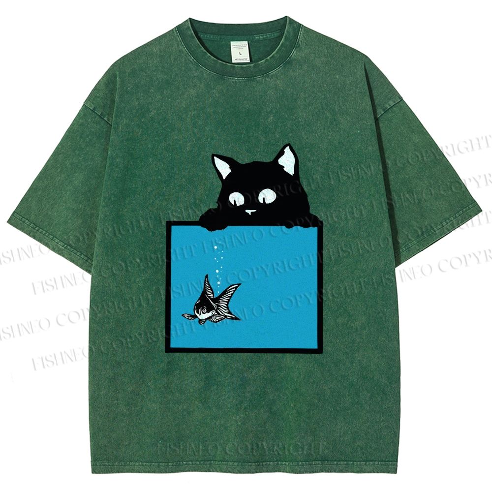 Unisex Black Cat Watching Fish in Tank Printed Washed Tee