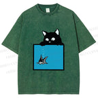 Unisex Black Cat Watching Fish in Tank Printed Washed Tee