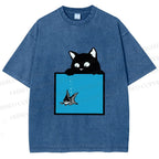 Unisex Black Cat Watching Fish in Tank Printed Washed Tee