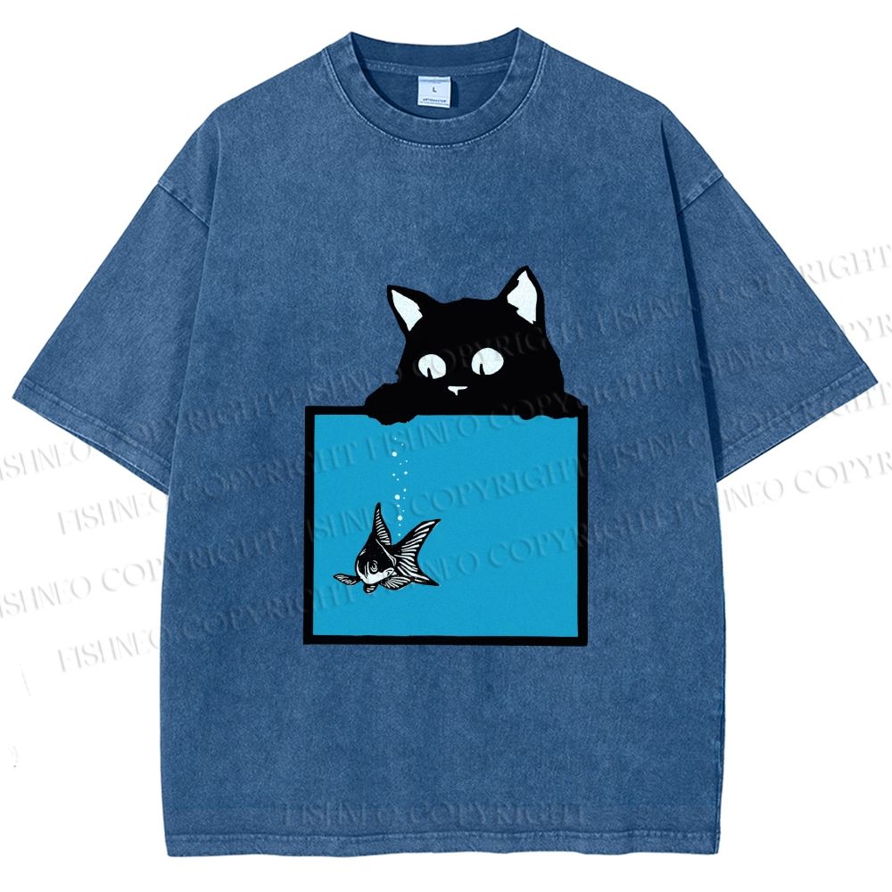 Unisex Black Cat Watching Fish in Tank Printed Washed Tee