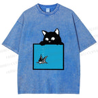 Unisex Black Cat Watching Fish in Tank Printed Washed Tee