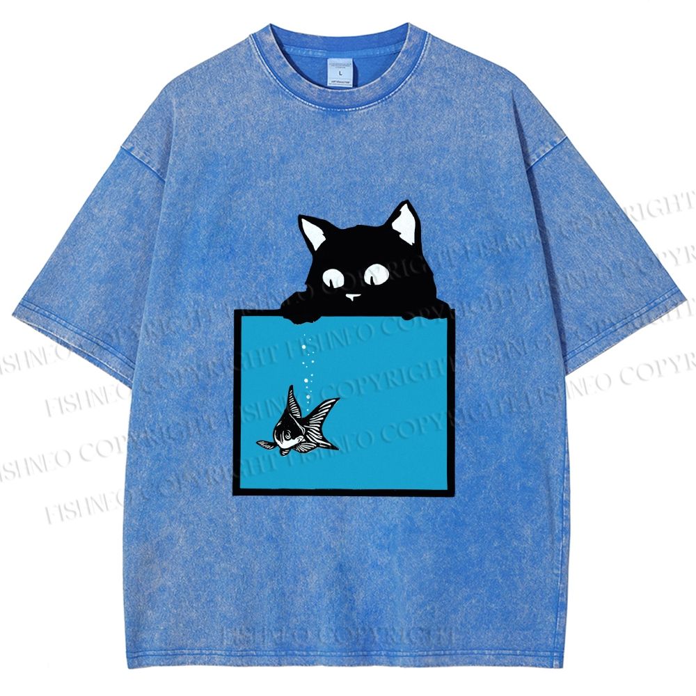 Unisex Black Cat Watching Fish in Tank Printed Washed Tee