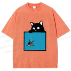 Unisex Black Cat Watching Fish in Tank Printed Washed Tee