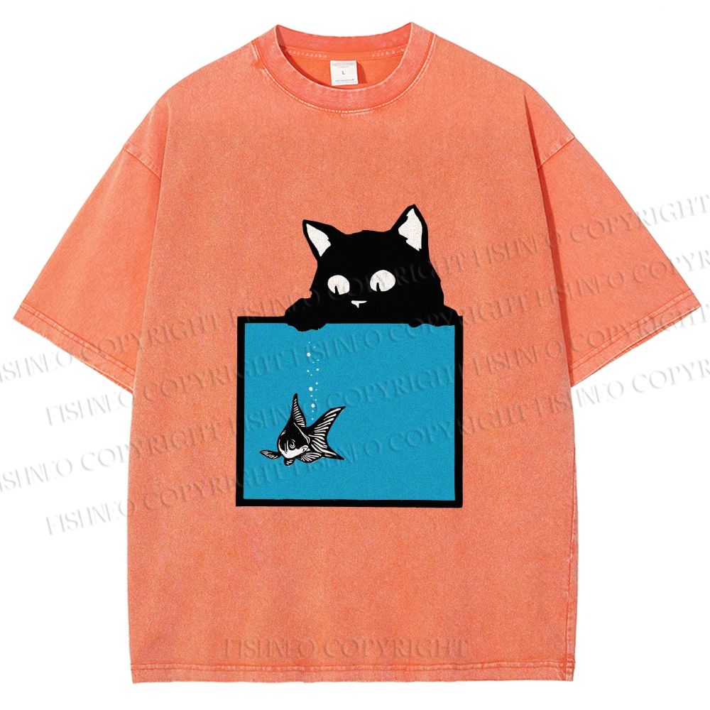 Unisex Black Cat Watching Fish in Tank Printed Washed Tee