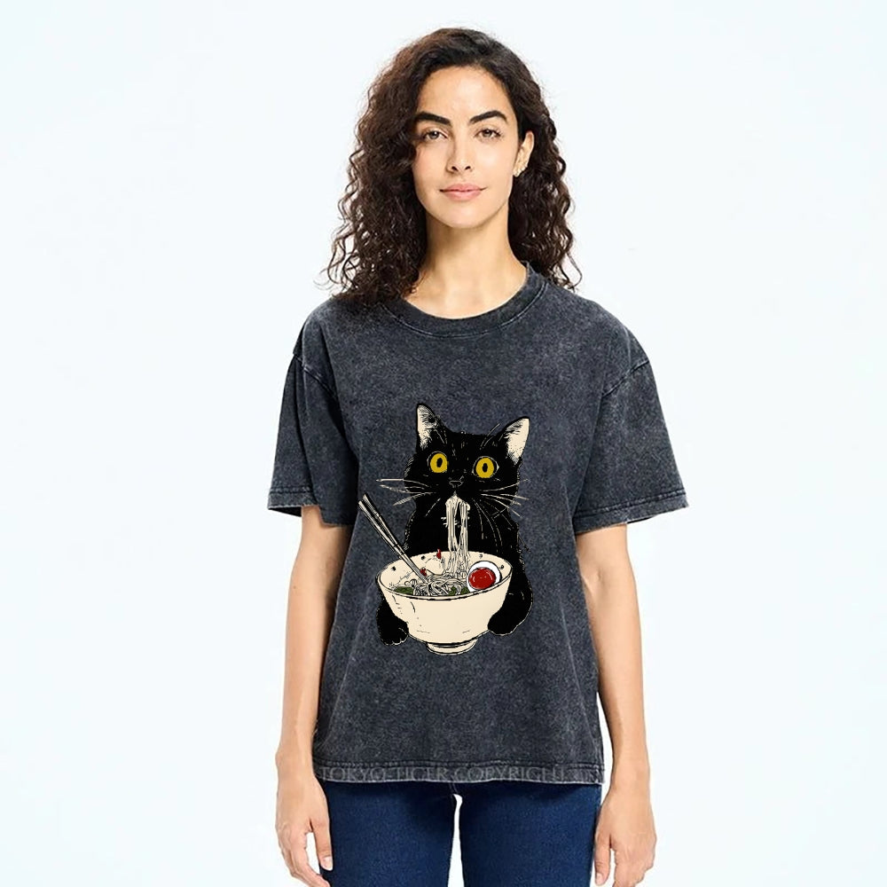 Ramen Cat Vintage Wash Japanese Design T-Shirt