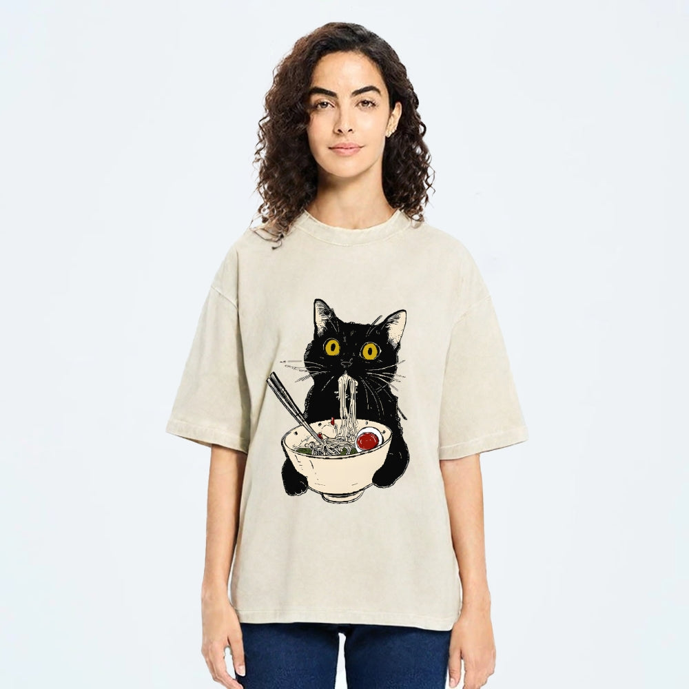 Ramen Cat Vintage Wash Japanese Design T-Shirt