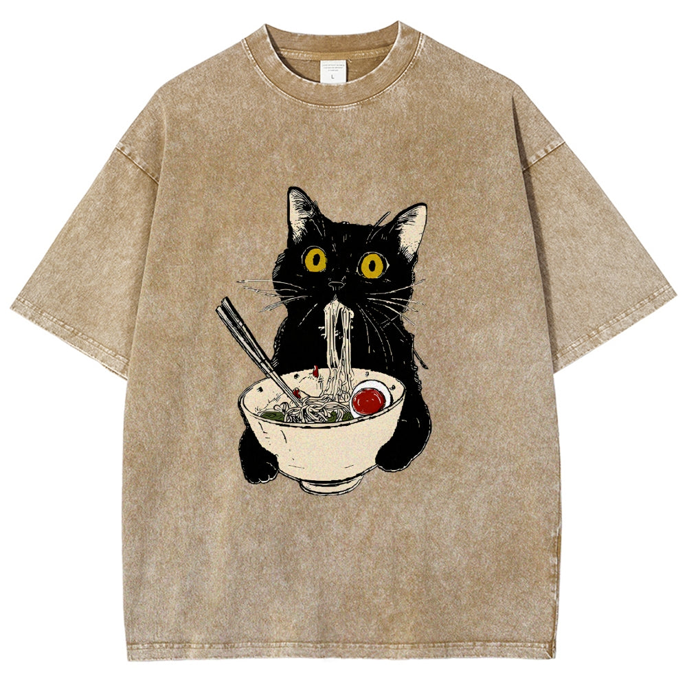 Ramen Cat Vintage Wash Japanese Design T-Shirt