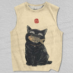 Unisex Vintage Cat Having Fish Printed Tank Top