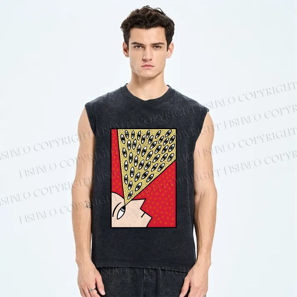 Unisex Man With Spooky Eyes Printed Washed Tank Top