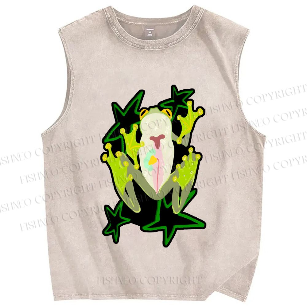 Unisex Frog Stars Printed Washed Tank Top