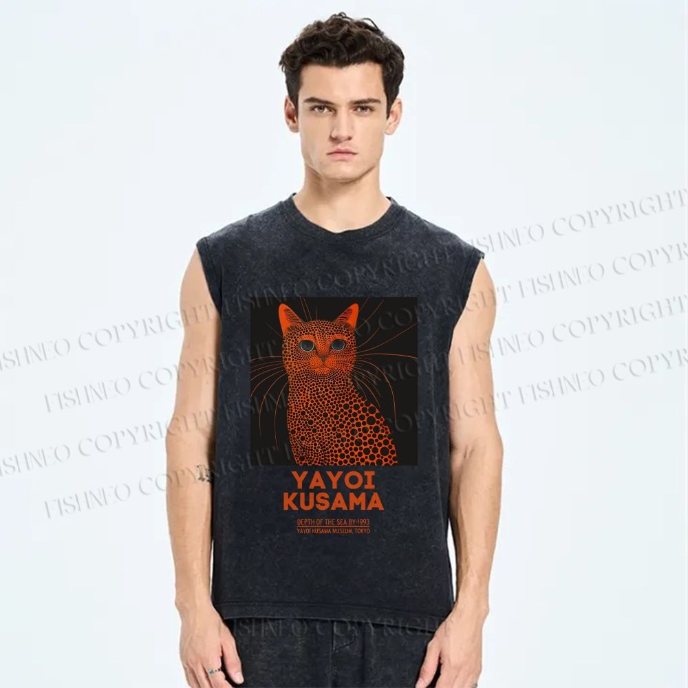 Unisex Yayoi Kusama Cat Printed Washed Tank Top