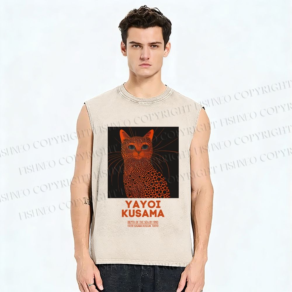 Unisex Yayoi Kusama Cat Printed Washed Tank Top