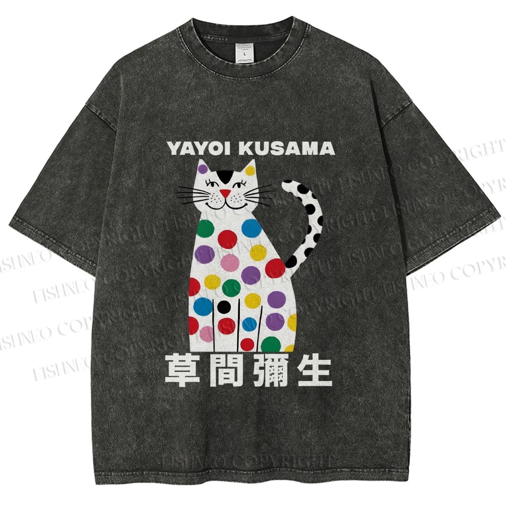 Unisex Yayoi Kusama White Cat With Multicolor Dots Printed Washed Tee
