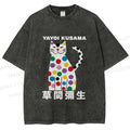 Unisex Yayoi Kusama White Cat With Multicolor Dots Printed Washed Tee