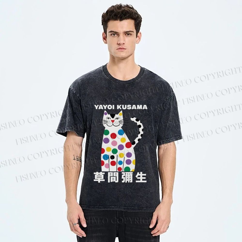 Unisex Yayoi Kusama White Cat With Multicolor Dots Printed Washed Tee