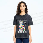 Unisex Yayoi Kusama White Cat With Multicolor Dots Printed Washed Tee